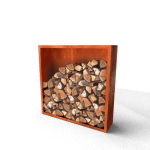 Egura Cortenstahl Holzlager mit Rückwand - Länge: 1500 - Breite: 385 - Höhe: 1500