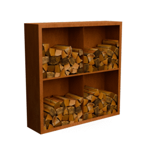 Egura Cortenstahl Holzlager - Unterteilung 4 Fächer mit rückwand- Länge: 1500 - Breite: 385 - Höhe: 1500