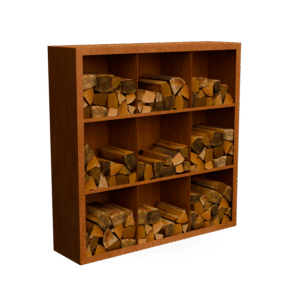 Egura Cortenstahl Holzlager - Unterteilung 9 Boxen mit rückwand- Länge: 1500 - Breite: 385 - Höhe: 1500