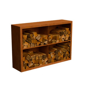 Egura Cortenstahl Holzlager - Unterteilung 4 Boxen mit rückwand- Länge: 1500 - Breite: 385 - Höhe: 1000