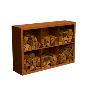 Egura Cortenstahl Holzlager - Unterteilung 6 Boxen mit rückwand - Länge: 1500 - Breite: 385 - Höhe: 1000