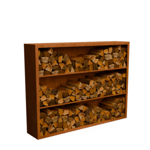 Egura Cortenstahl Holzlager - Unterteilung 3 Fächer  mit rückwand- Länge: 2000 - Breite: 385 - Höhe: 1500