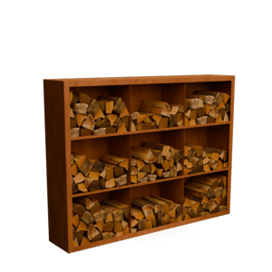 Egura Cortenstahl Holzlager - Unterteilung 9 Boxen mit rückwand - Länge: 2000 - Breite: 385 - Höhe: 1500